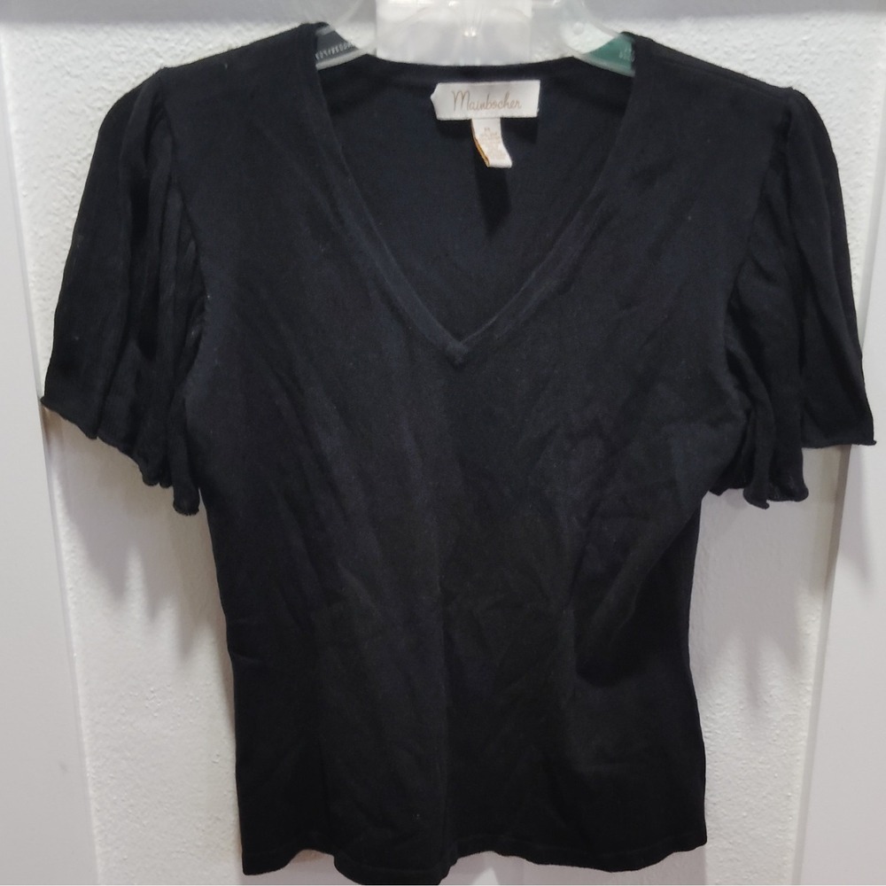 Mainbocher Womens M Black Solid Knit V-Neck Flutter Sleeve RuffleBlouseSilkblend